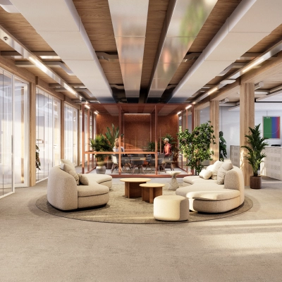 Modern office interior at Moutlaan 1-23, Enschede, featuring a spacious seating area with plush chairs and ceiling accents, perfect for office space rental.