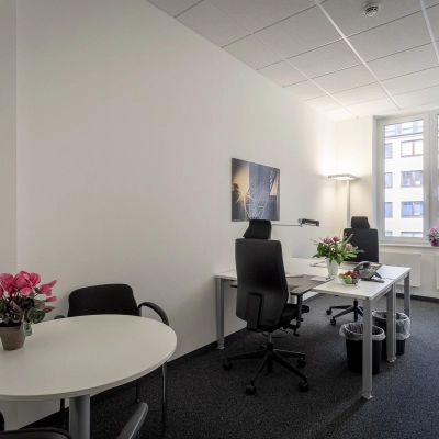 Bright office space at Raboisen 38, Hamburg Old Town, featuring modern furniture and potted plants, ideal for office space rental.