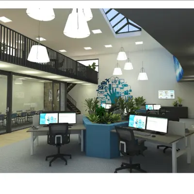 Modern office space with workstations, a skylight, and conference room in Hengelo for office space rental.