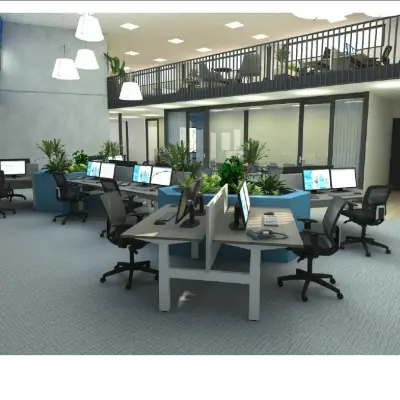 Modern office space with multiple workstations available for rent at Lintelerweg 40, Hengelo. Bright open-floor plan, featuring sleek desks, ergonomic chairs, and computers in a contemporary setting.