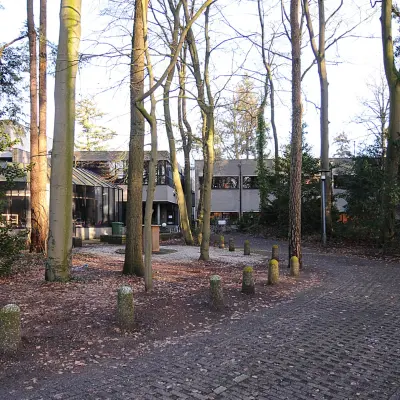 Exterior view of Catharina van Renneslaan 8-10, Hilversum, surrounded by trees with a cobblestone pathway.