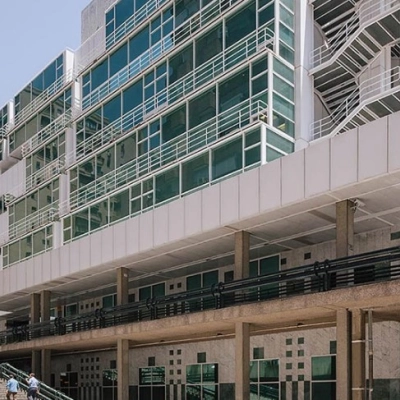 Exterior of the office building at Plaza de Carlos Trías Bertrán 7, Madrid Azca, available for office space rental.