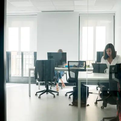 Office space rental at calle de las Huertas 11 in Madrid Center featuring professionals engaged in work activities in a bright, furnished environment.