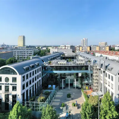 Aerial view of the modern office building at Landsberger Straße 155, perfect for office space rental in Munich Laim.