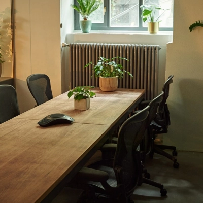 Cozy office space at Amalienstraße 71, Munich Maxvorstadt, featuring a wooden conference table surrounded by chairs, accented with potted plants for a refreshing touch. Ideal for office space rental.
