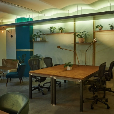 Stylish office space for rent at Amalienstraße 71, Munich Maxvorstadt, featuring a furnished interior with modern desks, chairs, and plants creating a welcoming atmosphere for office space rental.