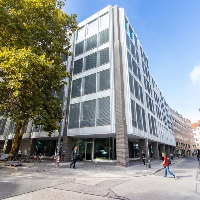 Exterior view of an office building at Herzogspitalstraße 24, Munich Old Town, showcasing a modern design. Ideal for office space rental.