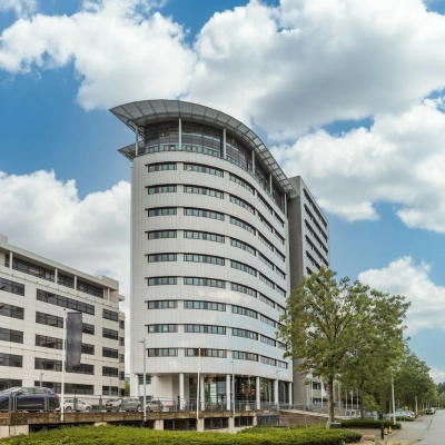 Exterior view of office building at Einsteinlaan 28, Rijswijk. Ideal for office space rental, offering modern architecture and convenient location.