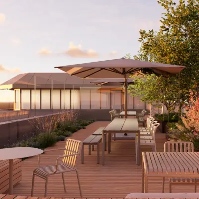 Rooftop terrace at Marten Meesweg 101 in Rotterdam Alexander, offering a vibrant outdoor space ideal for breaks in the office to rent.