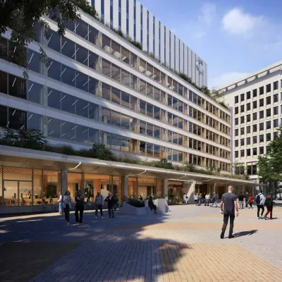 Exterior view of modern office building at Coolsingel 75, Rotterdam Center, with people walking in a business plaza, ideal for office space rental.