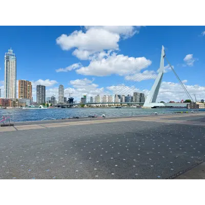 View of Rotterdam's skyline and Erasmus Bridge from Wilhelminakade 173, ideal for enterprises seeking office space rental with inspiring surroundings.