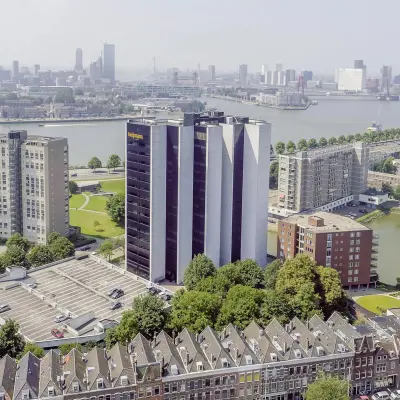 Aerial view of office buildings at Oostmaaslaan 71 in Rotterdam Kralingen, with river views.