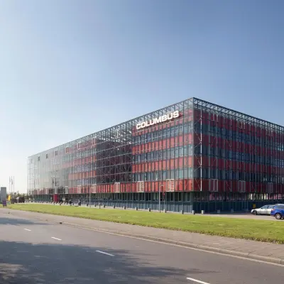 Exterior view of an office building at Folkstoneweg 2-56, Schiphol Airport, ideal for office space rental.