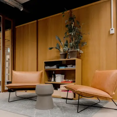 Cozy office to rent in The Hague Center at Fluwelen Burgwal 58, featuring a comfortable seating area with plants, ideal for welcoming guests or informal meetings.