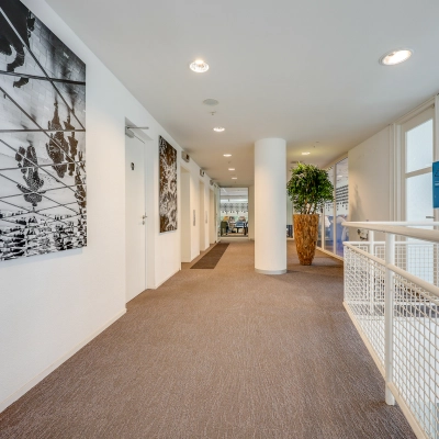 Spacious corridor in an office space rental at Kalvermarkt 53, The Hague Center, featuring carpet flooring, modern wall art, and decorative plant, ideal for businesses seeking an office to rent.