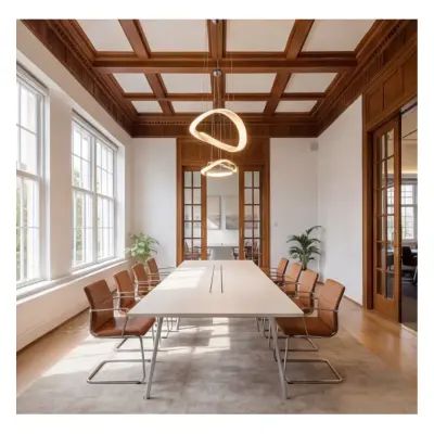 Sleek, furnished conference room at Mauritskade 9 in The Hague Center, ideal for office space rental with elegant lighting and natural light.