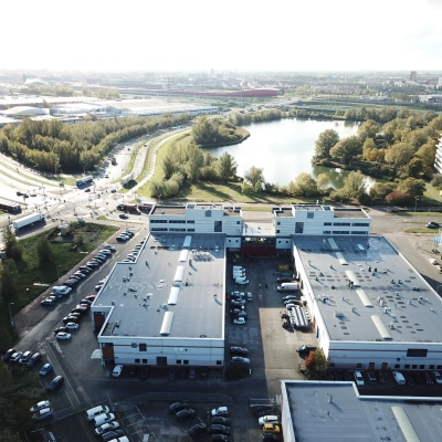 Aerial view of office buildings at Atoomweg 63, Utrecht Lage Weide, suitable for office space rental.