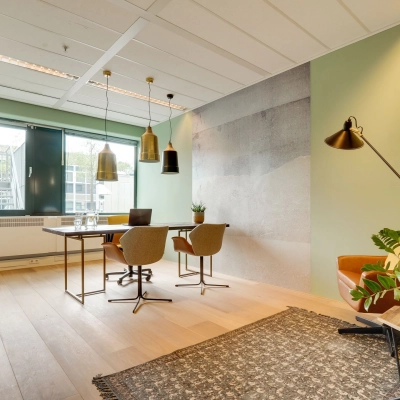 Modern office space with a large window, minimalist decor, and stylish lighting at Computerweg 22, Utrecht Lage Weide, perfect for office space rental.