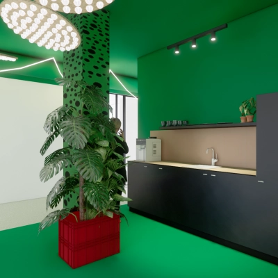 Modern office lounge with vibrant green walls, large plants, and a sleek kitchenette at Daltonlaan 200, Utrecht Rijnsweerd, perfect for office space rental.