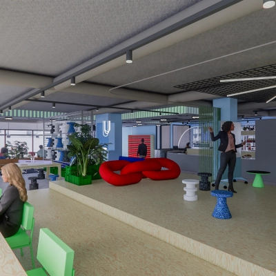 Spacious, brightly-lit office to rent at Daltonlaan 200, Utrecht Rijnsweerd. Vibrant interior with people collaborating around a unique seating area and workspaces overlooking large windows.