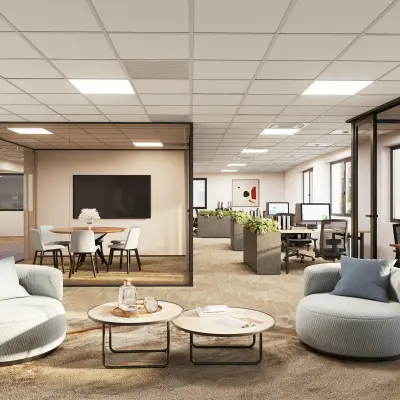Modern office with spacious workspaces and a central meeting area at Newtonlaan 115, Utrecht Rijnsweerd, perfect for those seeking office space rental.