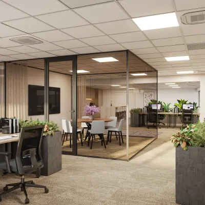 Modern office space at Newtonlaan 115 in Utrecht Rijnsweerd, featuring open workstations, a glass-enclosed conference room, and lush greenery.