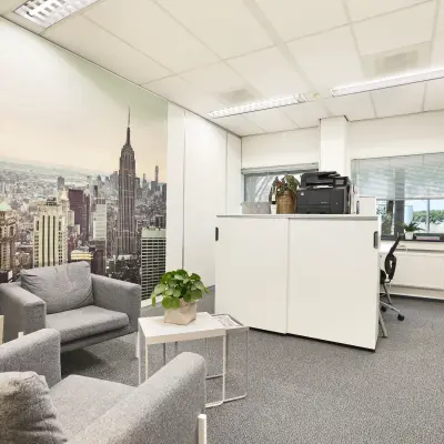 Office space at Winthontlaan 200, Utrecht South featuring comfortable seating and office equipment, available for rent. Bright workspace with modern decor ideal for business activities.