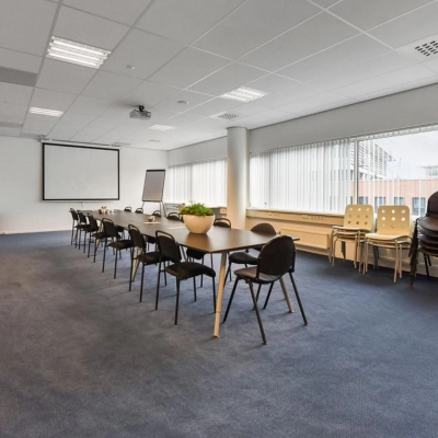 Spacious furnished office space rental at Regulusweg 11, Voorburg, featuring a large conference room with a long table, chairs, potted plants, and a projector screen. Bright natural light enters through the windows.