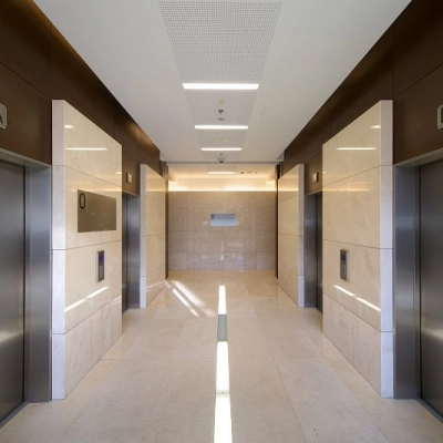 Elevator lobby at Postępu 17A, Warsaw Mokotow, offering convenient access in this office space rental location.