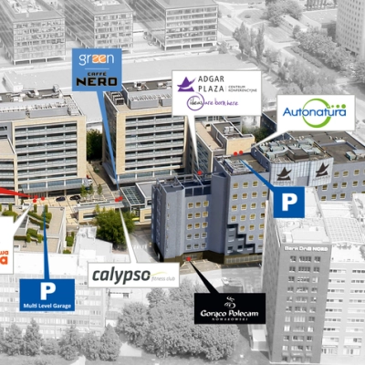 Exterior view of office buildings at Postępu 17A, Warsaw Mokotow, showcasing potential office space rental options.