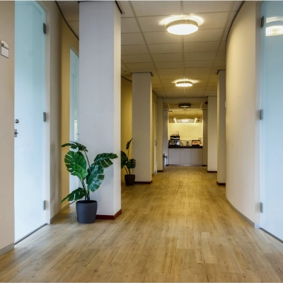 Spacious hallway at Bredewater 26 in Zoetermeer, featuring sleek wooden floors, modern lighting, and subtle greenery, offering a welcoming pathway to various office spaces. Ideal for office space rental.