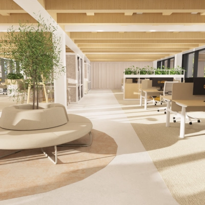 Lichte, moderne kantoorruimte aan de Pieter Cornelisz. Hooftstraat 7 in Amsterdam Centrum, met gemeubileerde werkplekken en groene elementen.