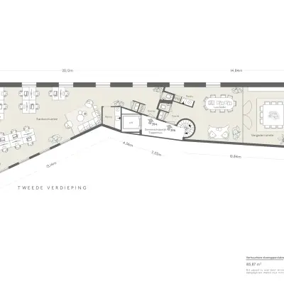 Plattegrond van kantoorruimte op Weesperstraat 394-396, Amsterdam Grachtengordel, met vergaderruimtes en werkplekken. Ideaal voor bedrijven die kantoorruimte willen huren.