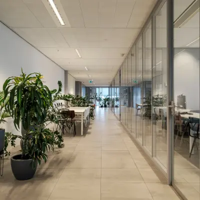 Moderne kantoorruimte huren op Pedro de Medinalaan 7 in Amsterdam IJburg met glazen wanden en groene planten.