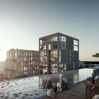 Moderne kantoorpanden in Amsterdam Noord met een ruim dakterras en uitzicht over de stad, mensen genieten van de buitenlucht naast het water.