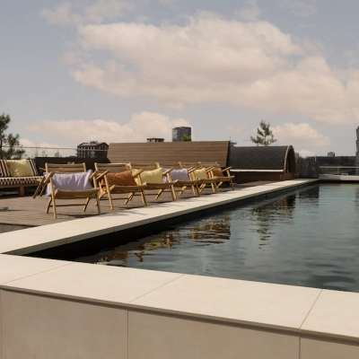 Dakterras met houten stoelen en een vijver bij kantoorpand Papaverhof 58, Amsterdam Noord, ideaal voor werkpauzes en netwerkbijeenkomsten.