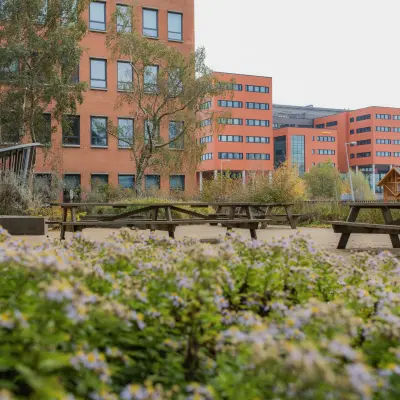 Buitenaanzicht van kantoorpand op Hullenbergweg 109-135 in Amsterdam Zuid-Oost met groene omgeving en picknickbanken, ideaal voor huur.