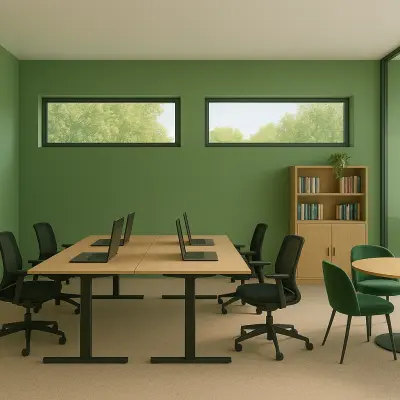 Ruime en lichte kantoorruimte aan de Johan Cruijff Boulevard 89 in Amsterdam Zuid-Oost met moderne bureaus en stoelen, groene accenten en grote ramen voor optimaal daglicht.