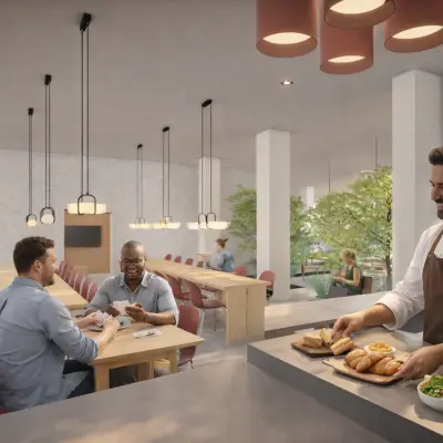 Lichte kantoorruimte op Luttenbergweg 8, Amsterdam Zuid-Oost, met mensen die ontspannen zitten en een chef die hapjes serveert. Ideaal voor gebruik als werk- en ontmoetingsruimte.