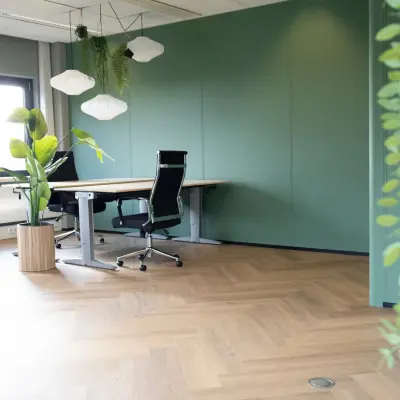 Modern kantoor met grote ramen, groene muren en houten vloer, voorzien van werkplekken met planten voor een natuurlijke uitstraling. Ideaal voor kantoorruimte huren op Schumanpark 9 in Apeldoorn.