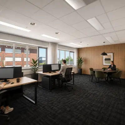 Moderne kantoorruimte te huur op Tolnasingel 1 - 3 in Bodegraven, met open werkplekken en een vergadertafel, ruime ramen en veel lichtinval. Ideaal voor zakelijk gebruik.