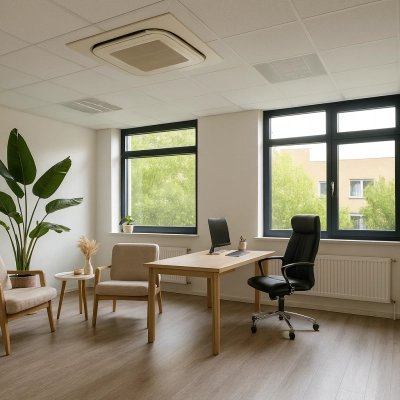 Lichte kantoorruimte te huur in een kantoorpand op Druivenstraat 25-31, Breda Oost, met houten vloer, twee bureaustoelen, een bureau, planten en grote ramen met uitzicht op de omgeving.