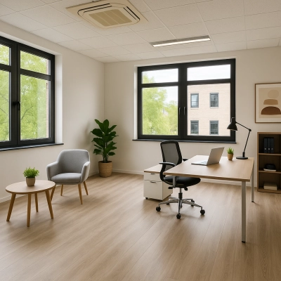 Een lichte, goed ingerichte kantoorruimte huren aan de Druivenstraat 25-31 in Breda Oost, geschikt voor moderne werkstijlen met voldoende natuurlijk licht en frisse planten.