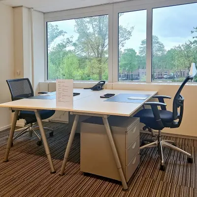 Kantoorruimte te huur aan Poortweg 4 in Delft met een lichte werkplek voorzien van twee bureaus en stoelen, uitzicht op groene omgeving.