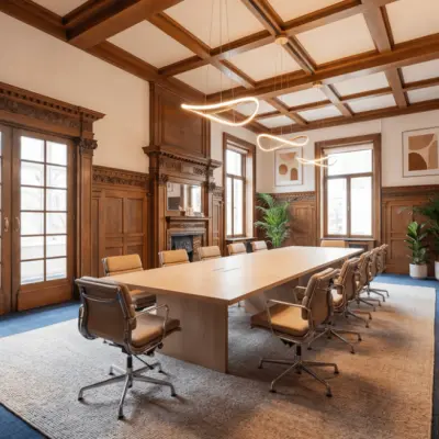 Stijlvolle, klassieke kantoorruimte op Mauritskade 9 in Den Haag Centrum, met een lange tafel en moderne stoelen, omgeven door houtwerk en planten. Geschikt voor vergaderingen en conferenties.