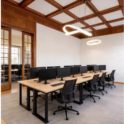 Moderne, gemeubileerde kantoorruimte huren op Mauritskade 9 in Den Haag Centrum, met stijlvolle bureaus, bureaustoelen en plafondverlichting, perfect voor productief werken en teambijeenkomsten.