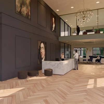 Stijlvolle entree van een kantoorpand op Johan de Wittlaan 3-7, Den Haag Statenkwartier, voorzien van een marmeren receptiebalie en kunst aan de muur, met mensen bezig met zakelijke gesprekken.