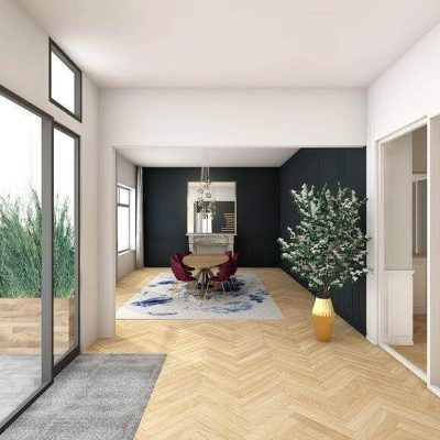 Modern kantoorpand met houten vloer, grote ramen, en een vergadertafel op Johan de Wittlaan 3-7, Den Haag Statenkwartier, ideaal voor kantoorruimte huren.