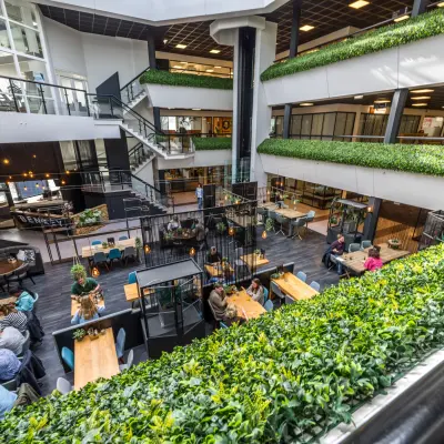 Lichte en groene kantoorruimte huren in Eindhoven Airport met meerdere werkplekken en gemeubileerd interieur, ideaal voor zakelijk samenzijn en netwerken.