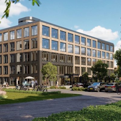 Modern kantoorpand op Moutlaan 1-23 in Enschede met grote ramen en een strak ontwerp omgeven door groen. Ideaal voor kantoorruimte huren.
